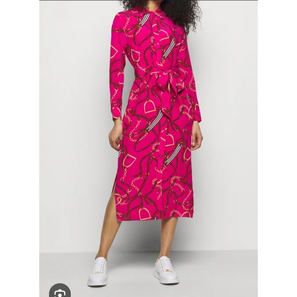 Lauren Ralph Lauren Fuchsia Chain Print Long Sleeve Midi Dress